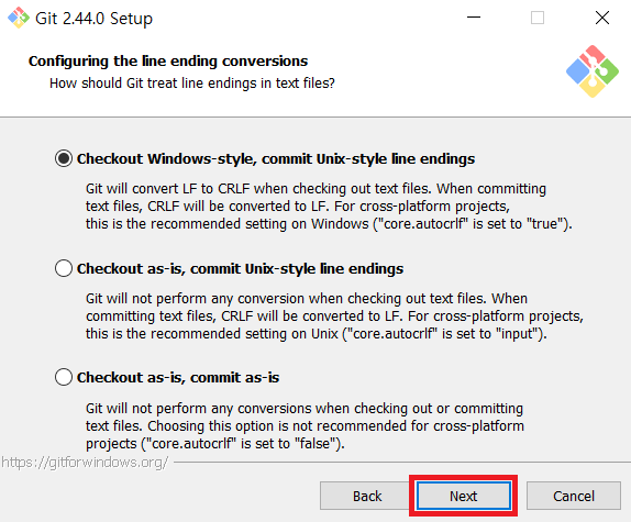 Configuring the line ending conversions while installing Git for Windows