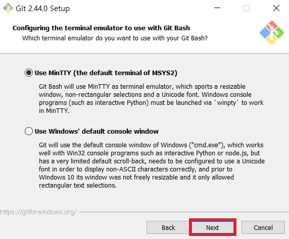 Configuring the terminal emulator to use with Git Bash while installing Git for Windows