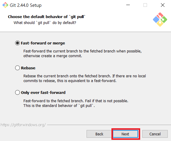 Choose the default behavior of 'git pull' while installing Git for Windows