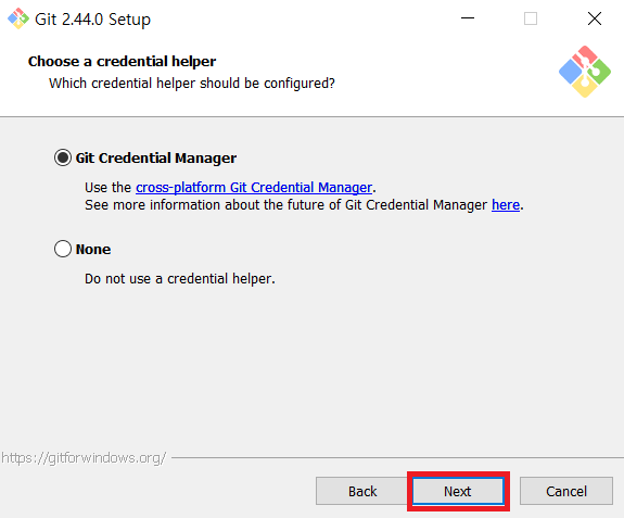 Choose a credential helper while installing Git for Windows