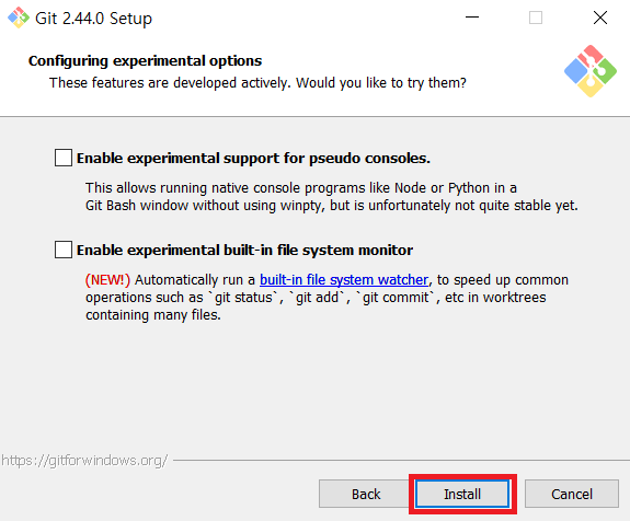 Configuring experimental options while installing Git for Windows