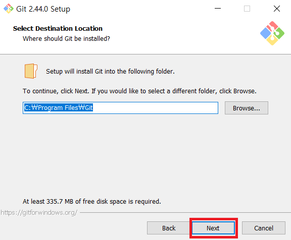 Select destination location while installing Git for Windows