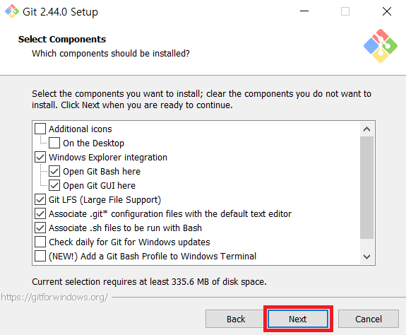 Select components while installing Git for Windows