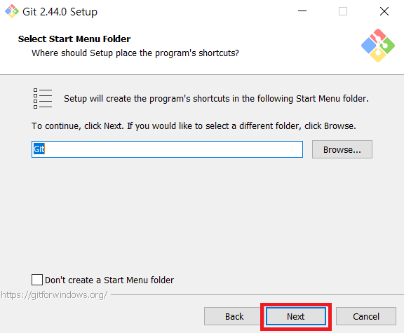 Select start menu folder while installing Git for Windows