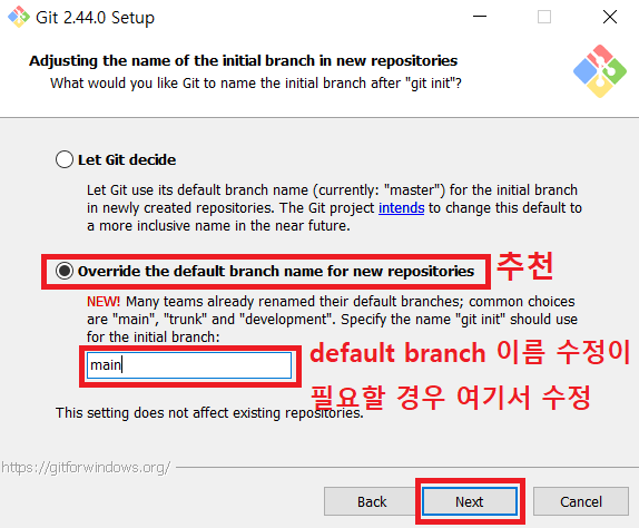 Adjusting the name of the initial branch in new repositories while installing Git for Windows