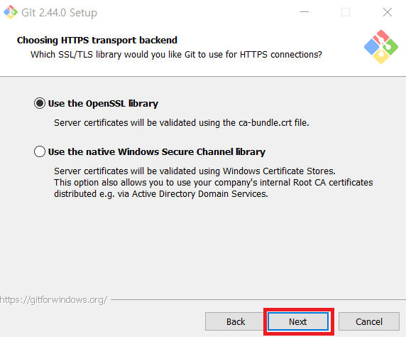 Choosing HTTPS transport backend while installing Git for Windows