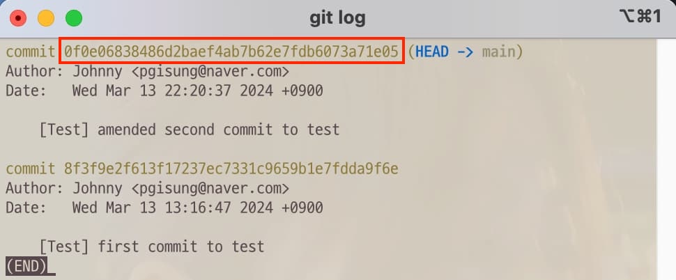 Git log after the last commit amended