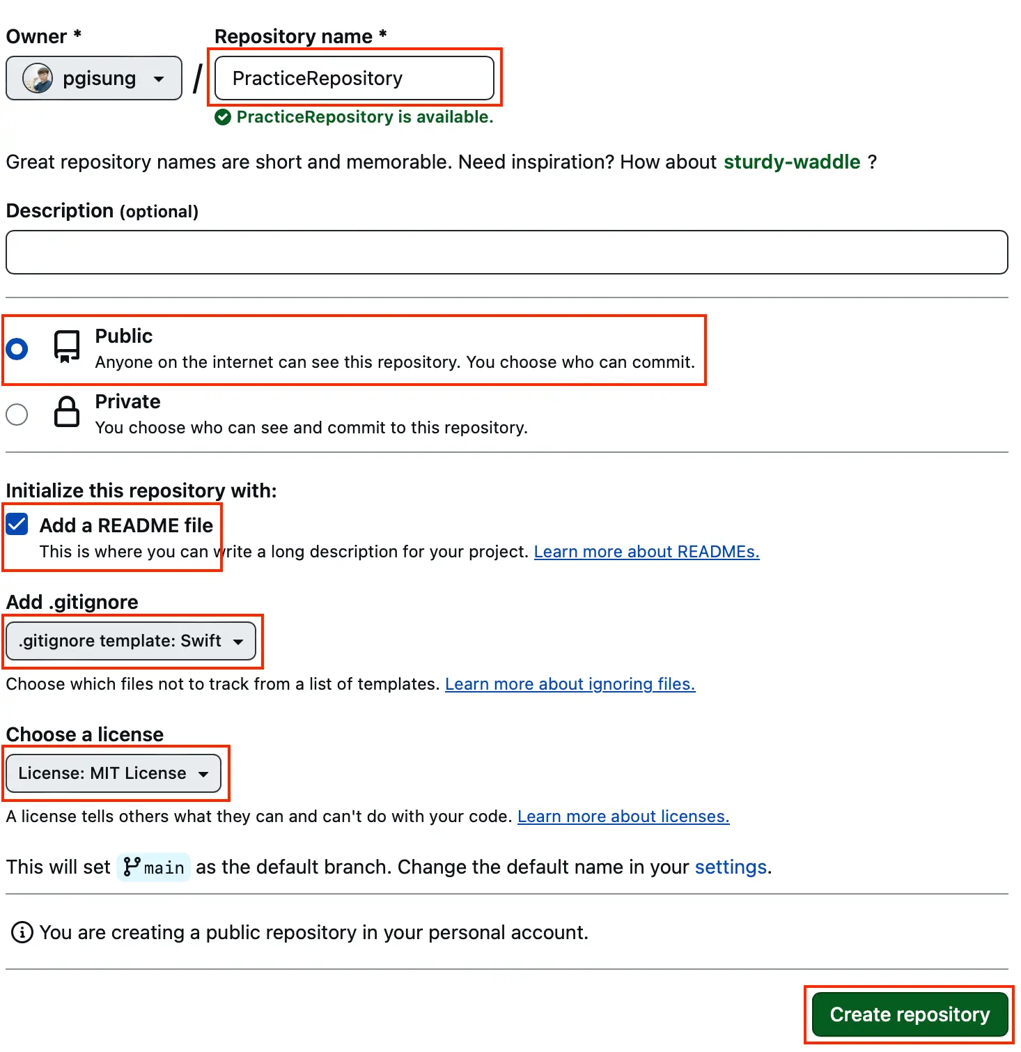 Page to fill information about new remote repository