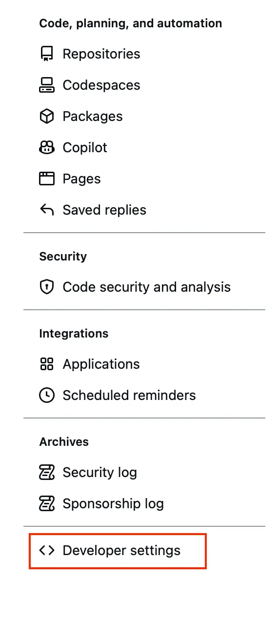 Menu in settings page in Github