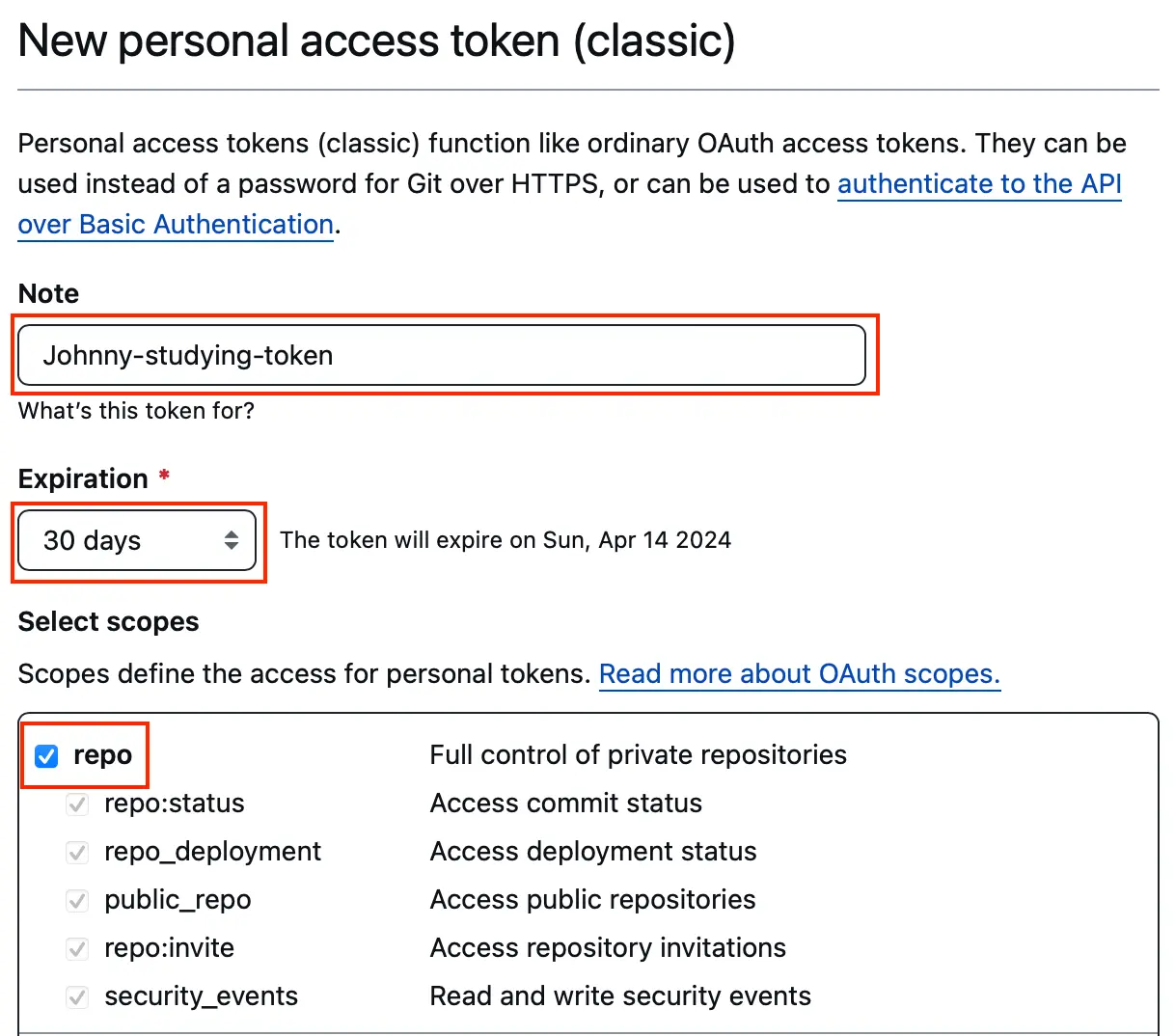 Page to fill information about new personal access token