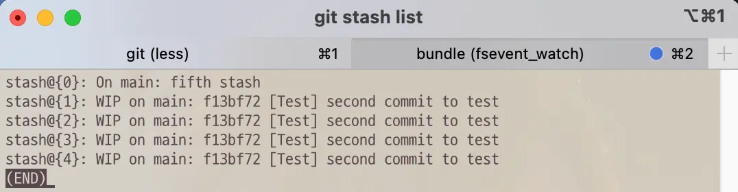 Stash list after git command stash save with message