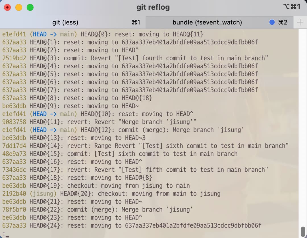 Git reference log after git command reset --hard <ref>@{commit}