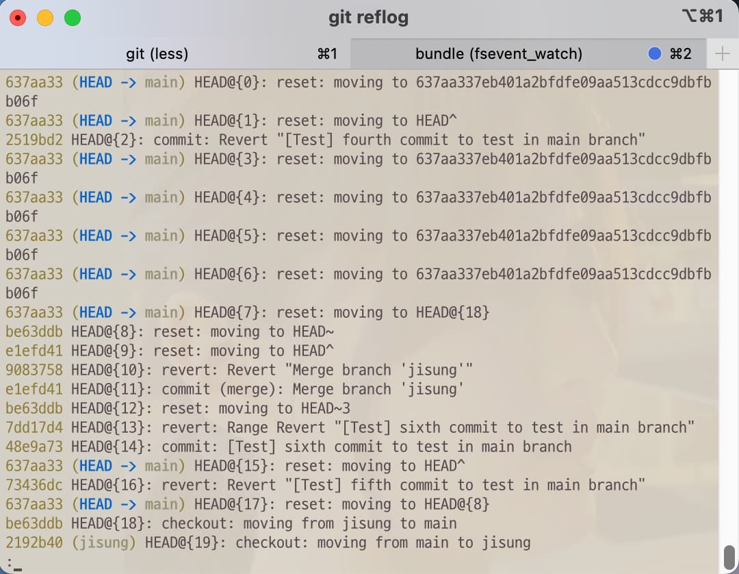 Git reference log before git command reset --hard <ref>@{commit}