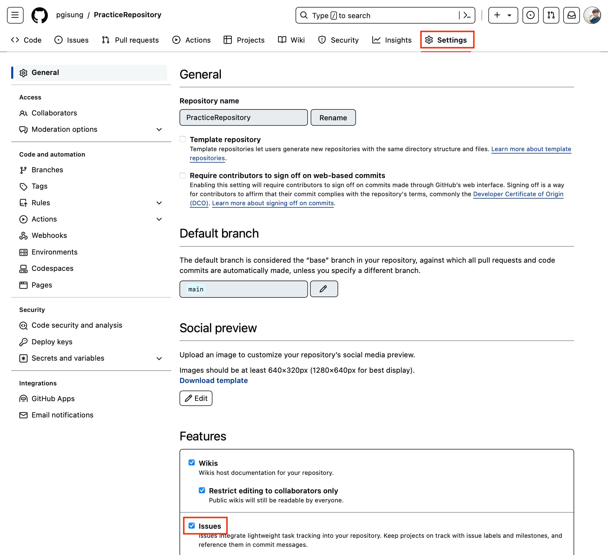 Settings tab for the remote repository