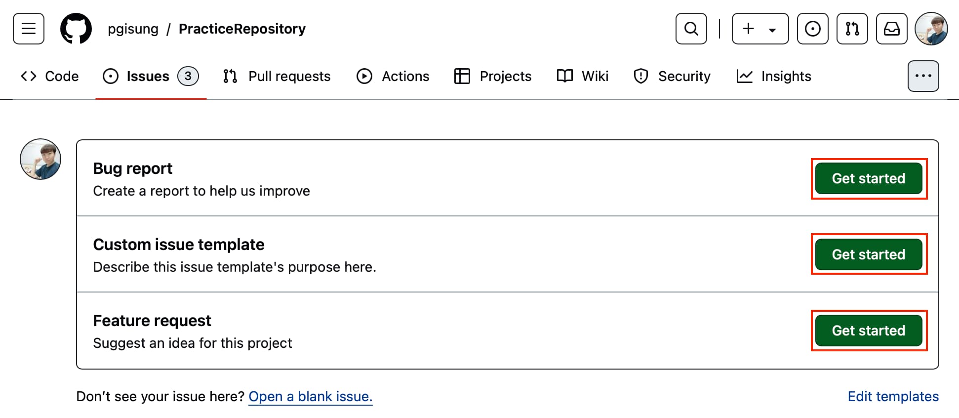 Selection of issue templates