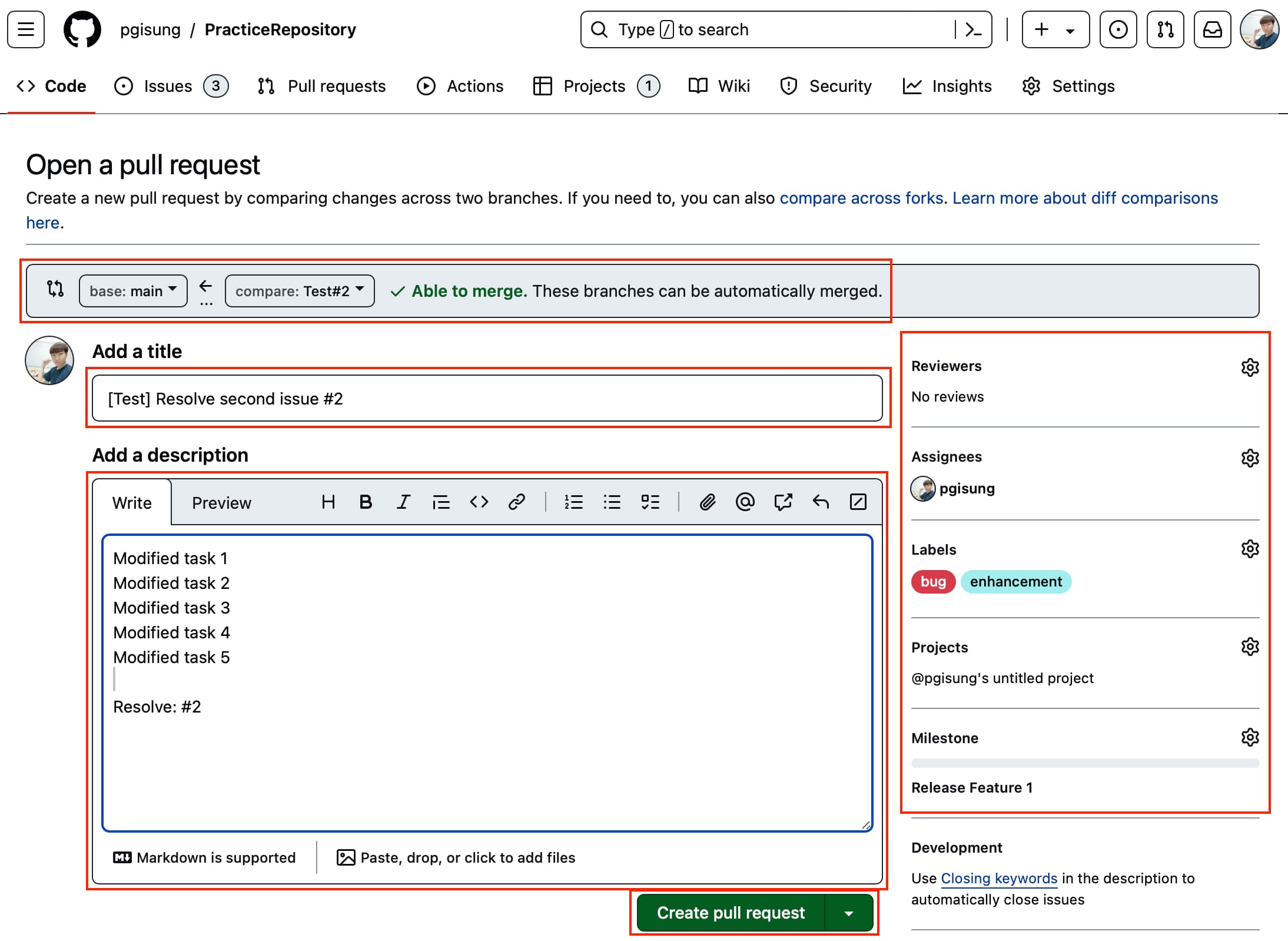 Page to write pull request