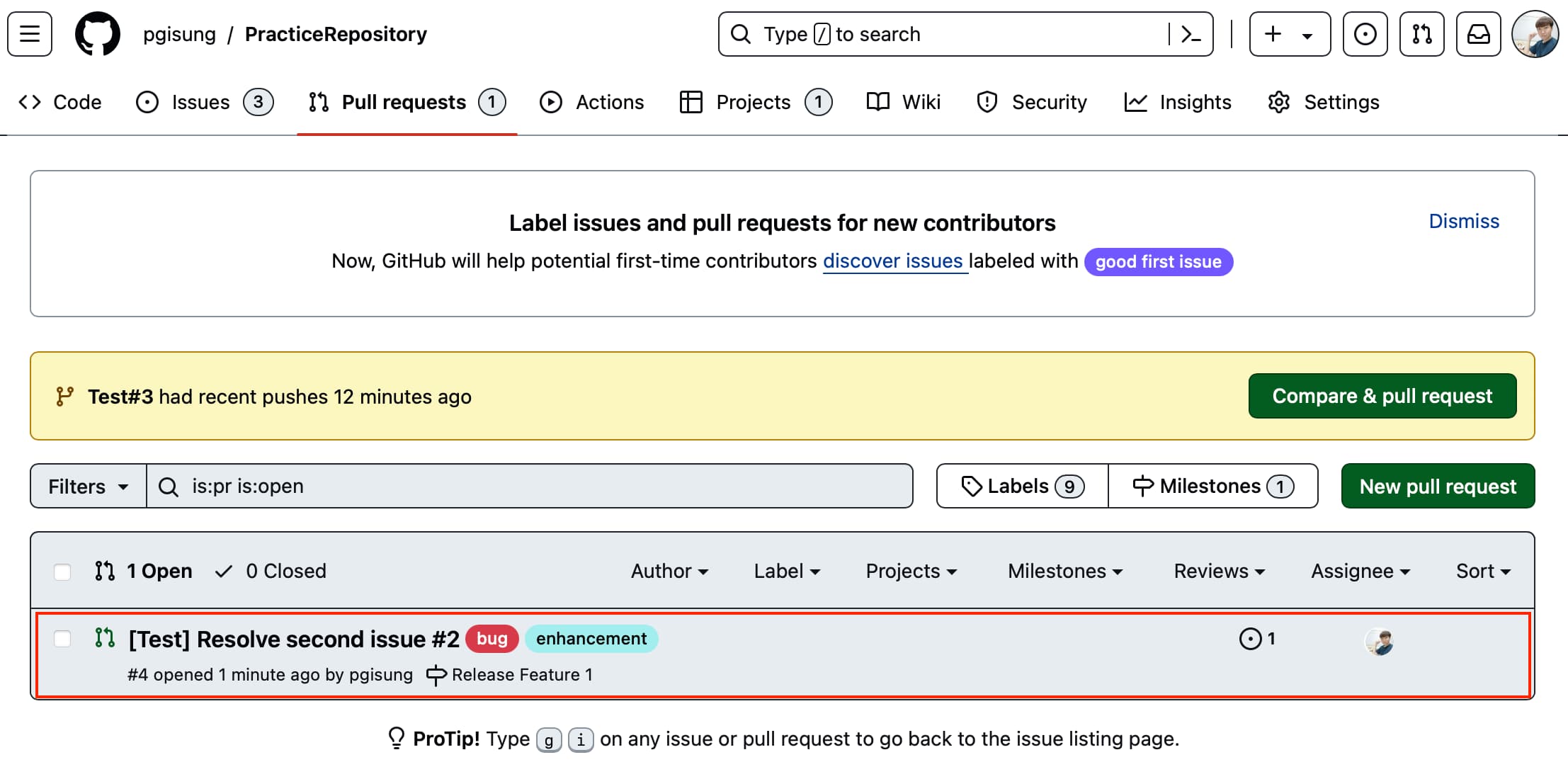 Pull requests tab for the remote repository