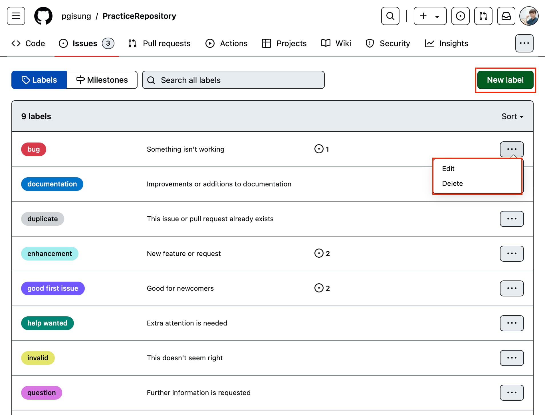 Labels tab for the remote repository