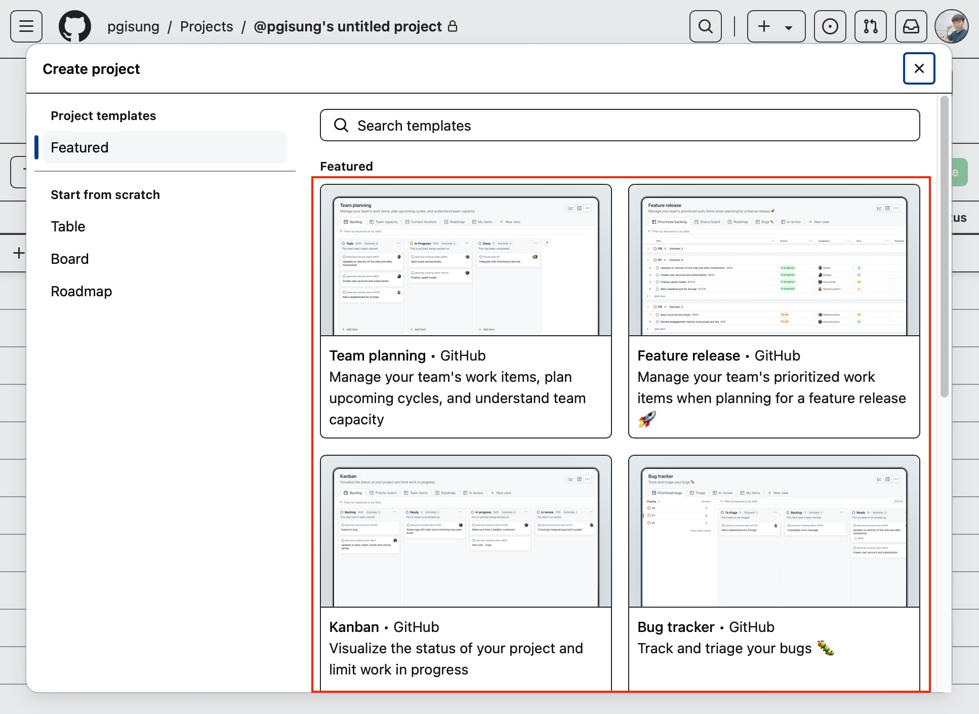 Selection for project templates