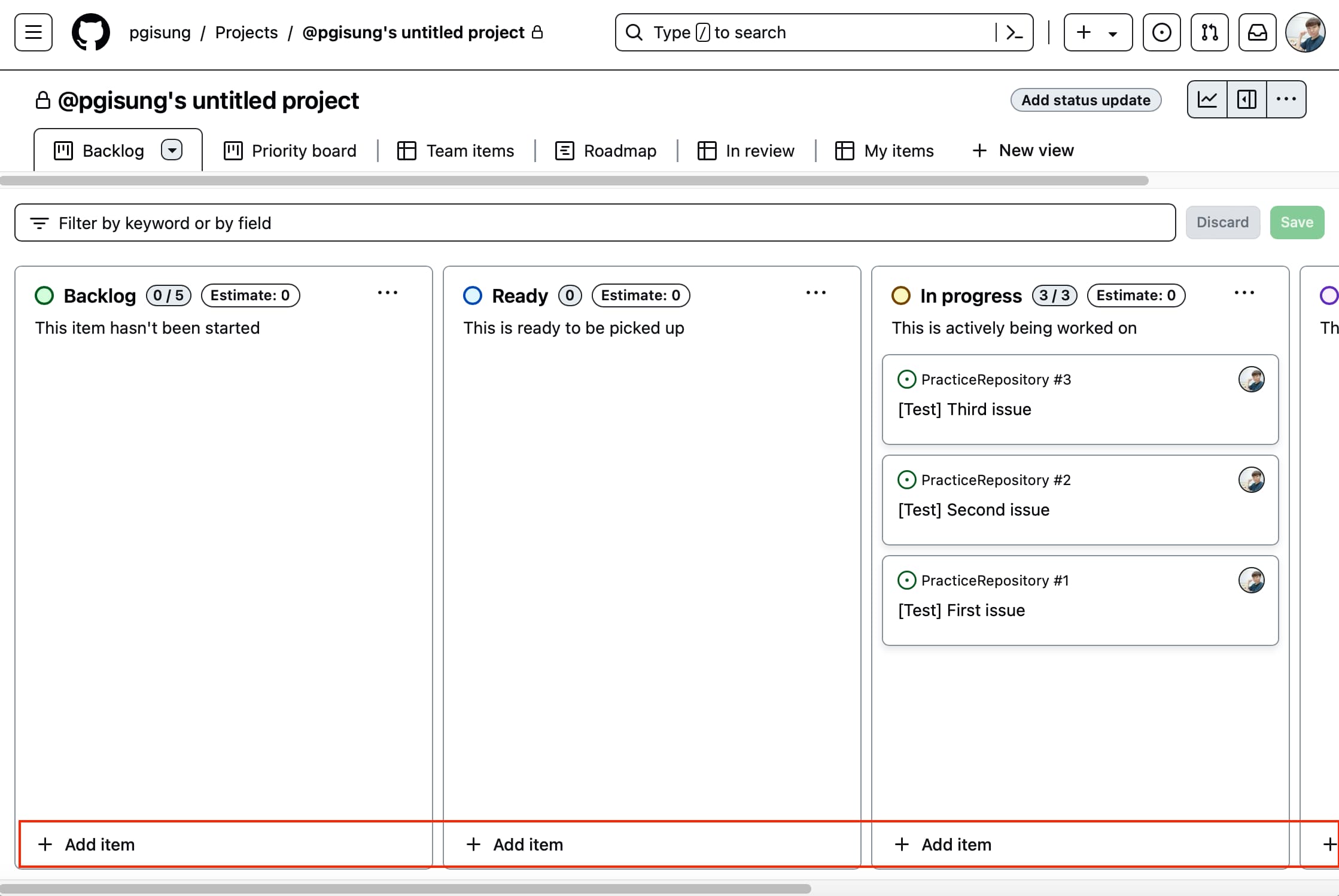 Page to manage project