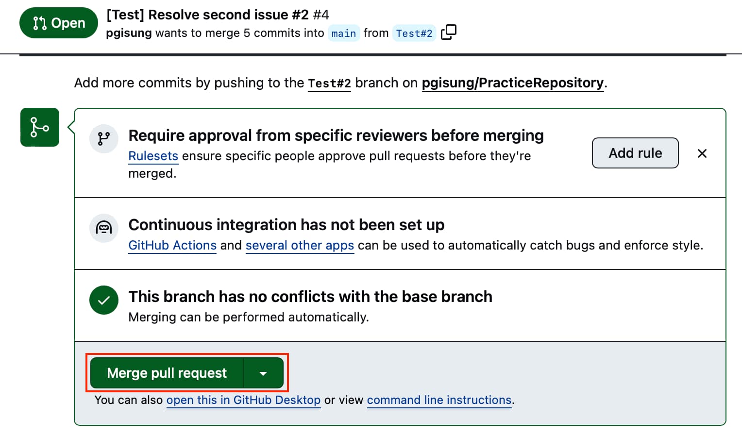 Merge part in Pull requests tab