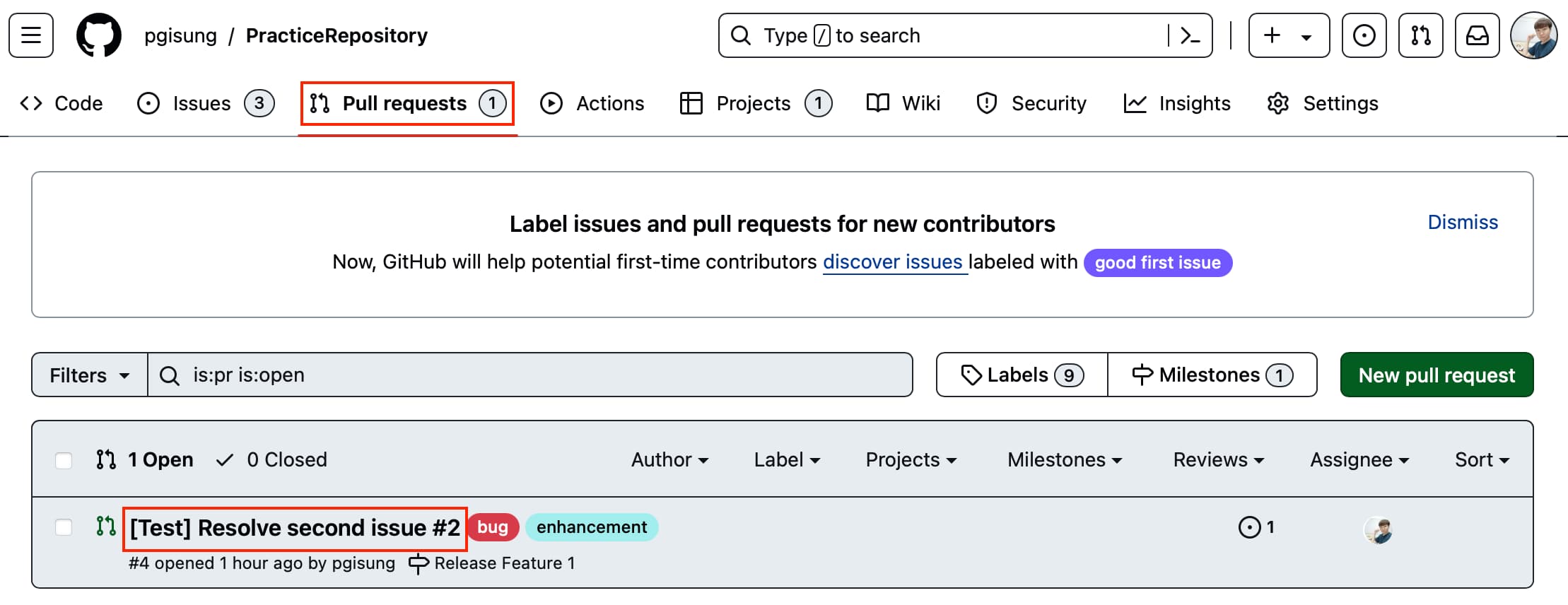 Pull requests tab for the remote repository