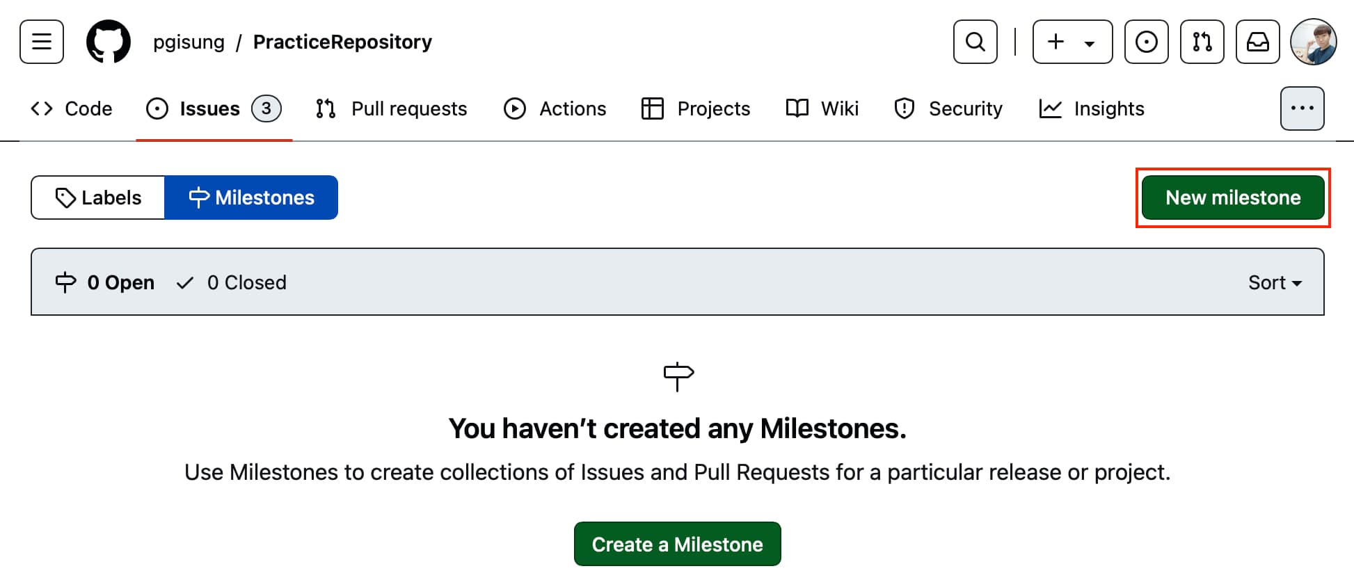 Milestones tab for the remote repository