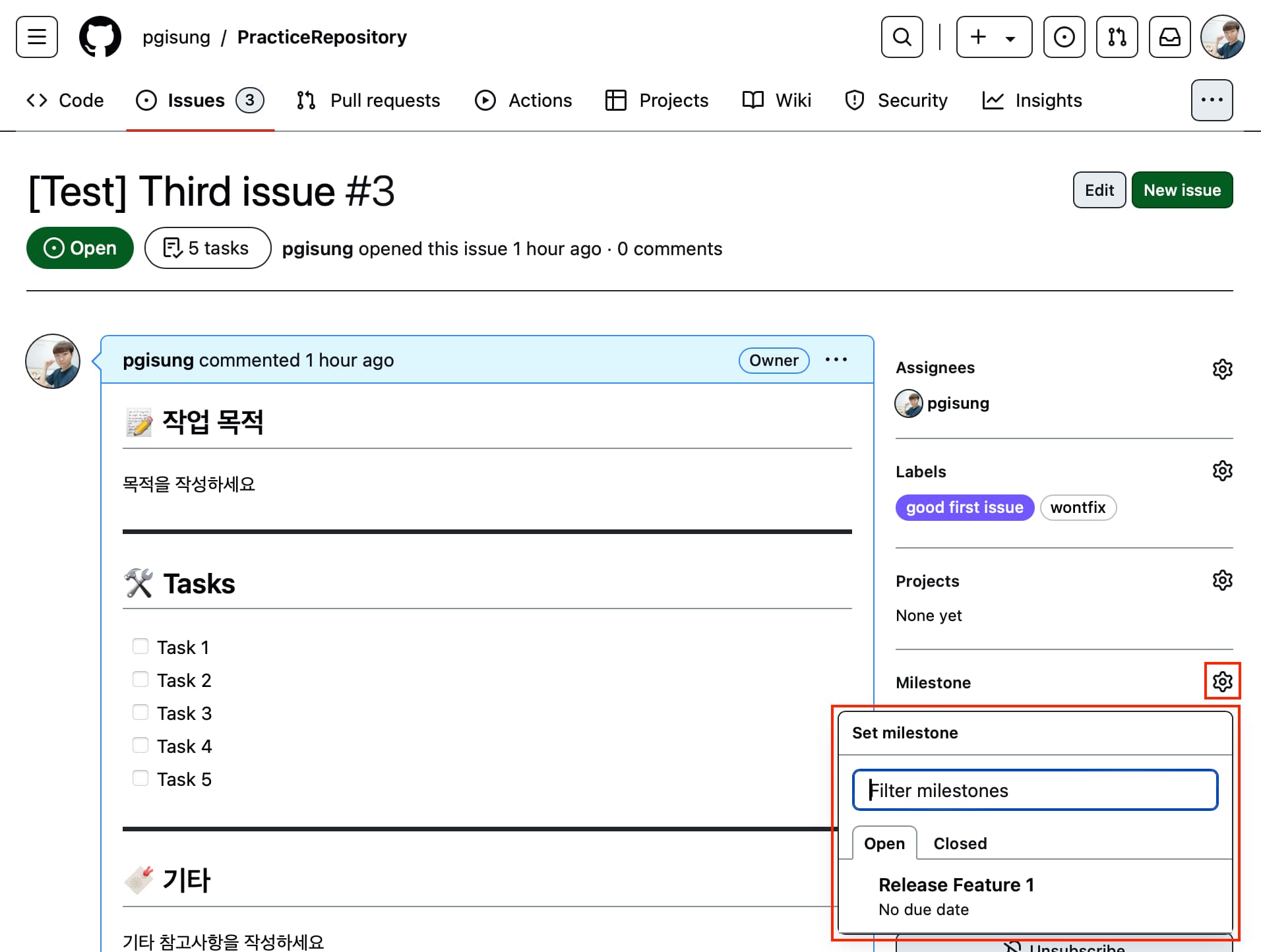 Milestone list in page to write issue