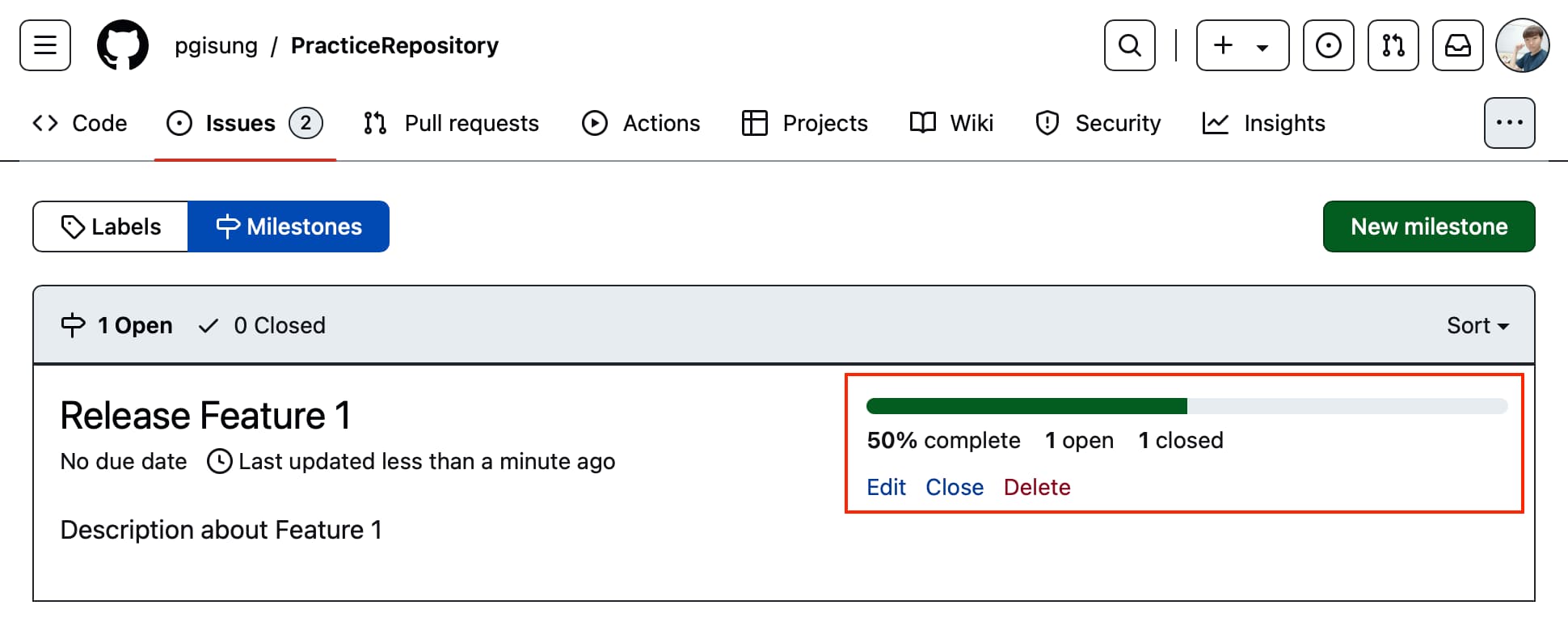 Milestone Progress bar in Milestones tab for the remote repository